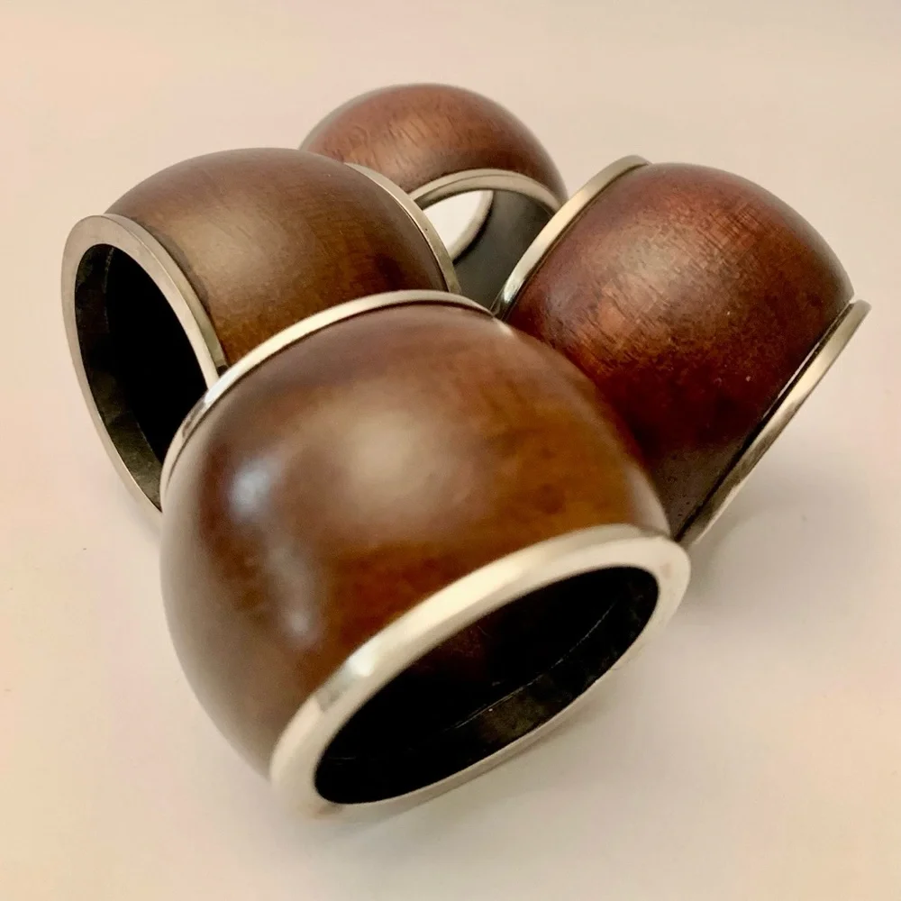🍴 Lot 8 mango wood Williams-Sonoma Napkin Rings holders Brass Nickel NWT NIB WS
